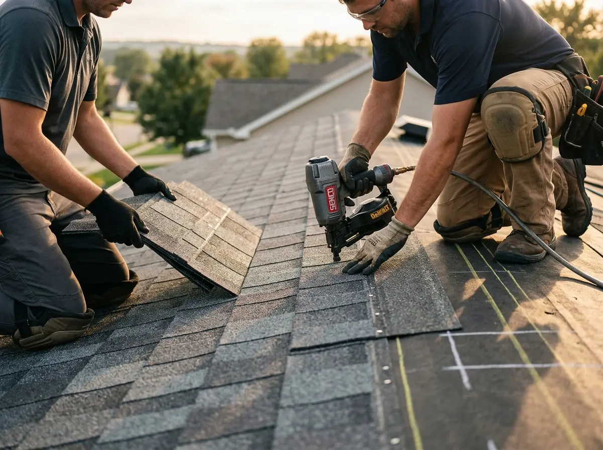 Professional roofer working on a residential roof in Iola